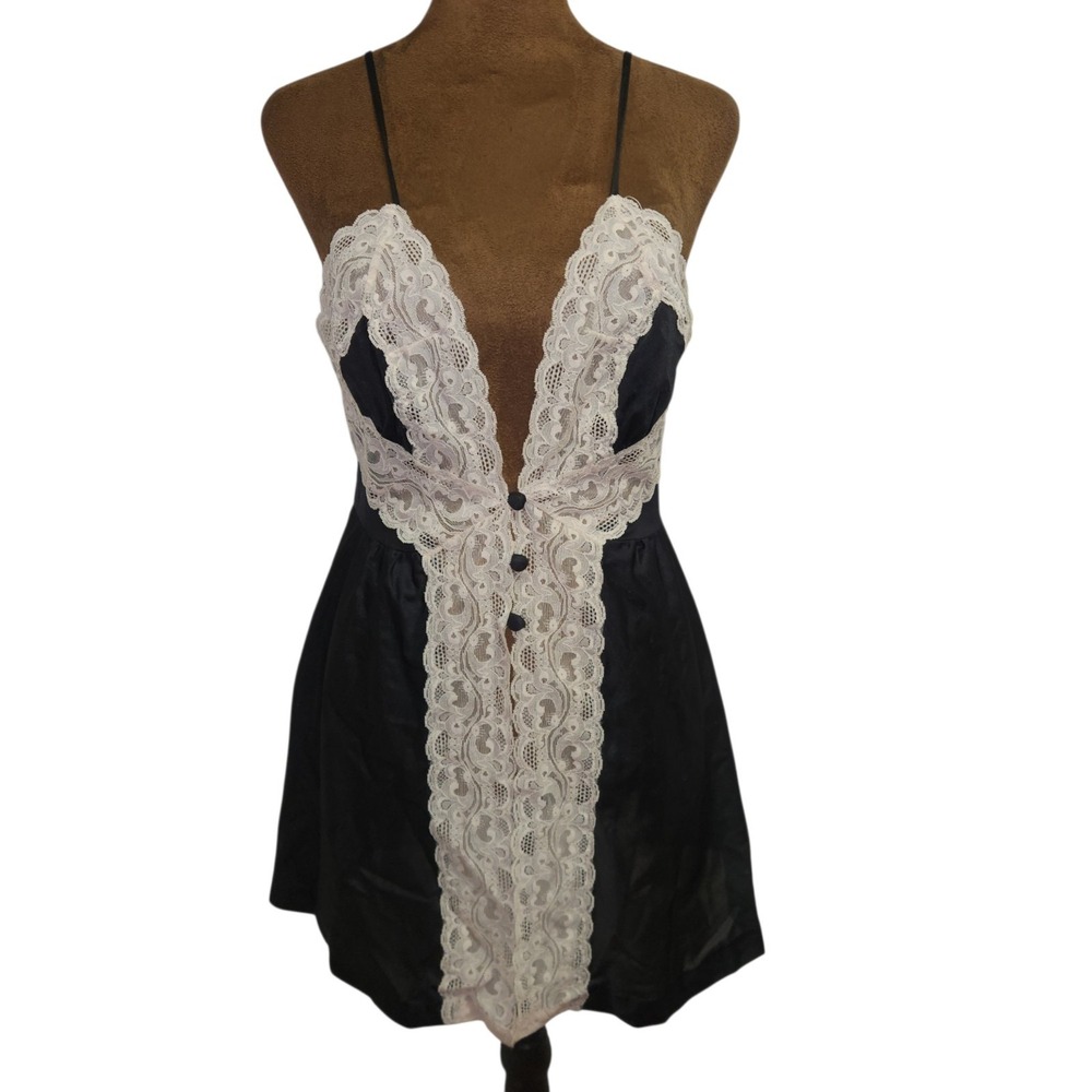 Vtg Gossard Artemis Nightgown Dress Babydoll Size M Black White Lace Sexy